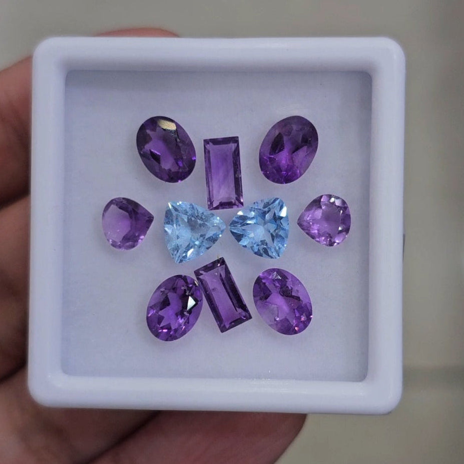10 Pcs Of Natural Amethyst & Blue Topaz Faceted | Shape: Mix | Size: 6-8mm