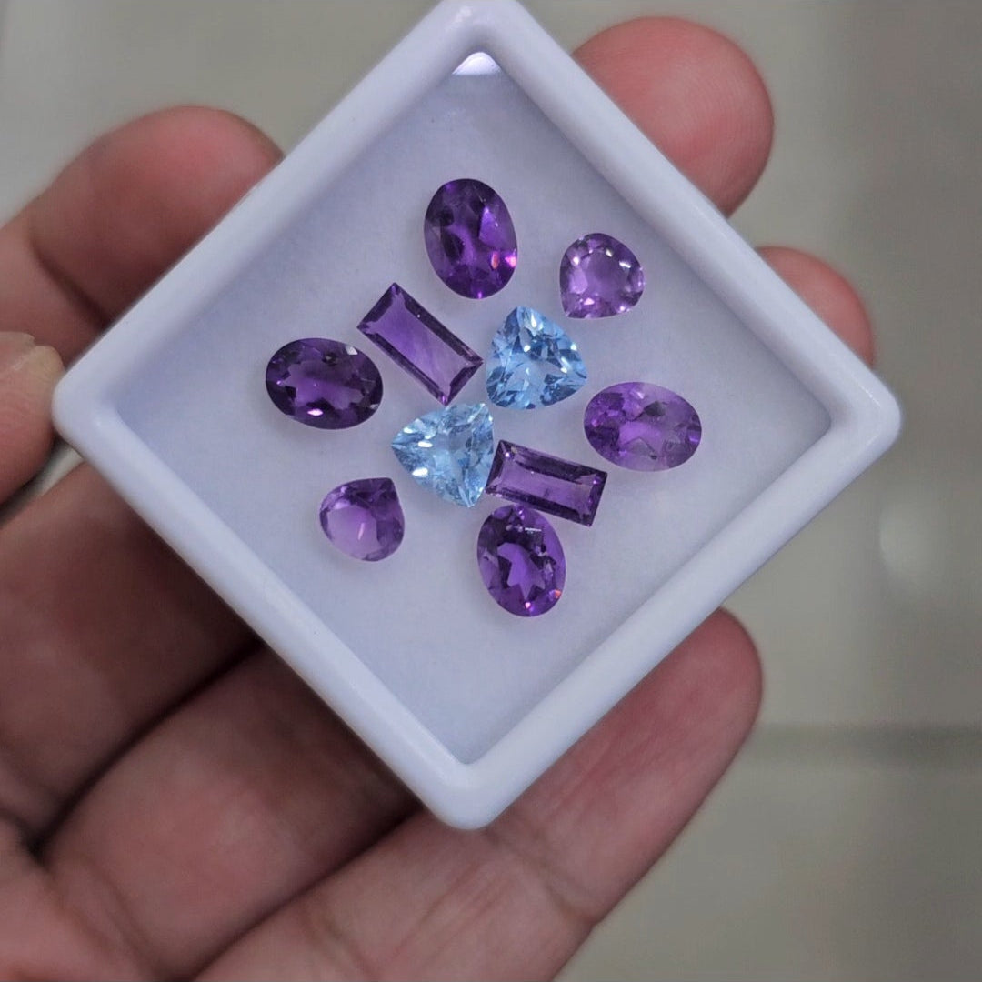 10 Pcs Of Natural Amethyst & Blue Topaz Faceted | Shape: Mix | Size: 6-8mm
