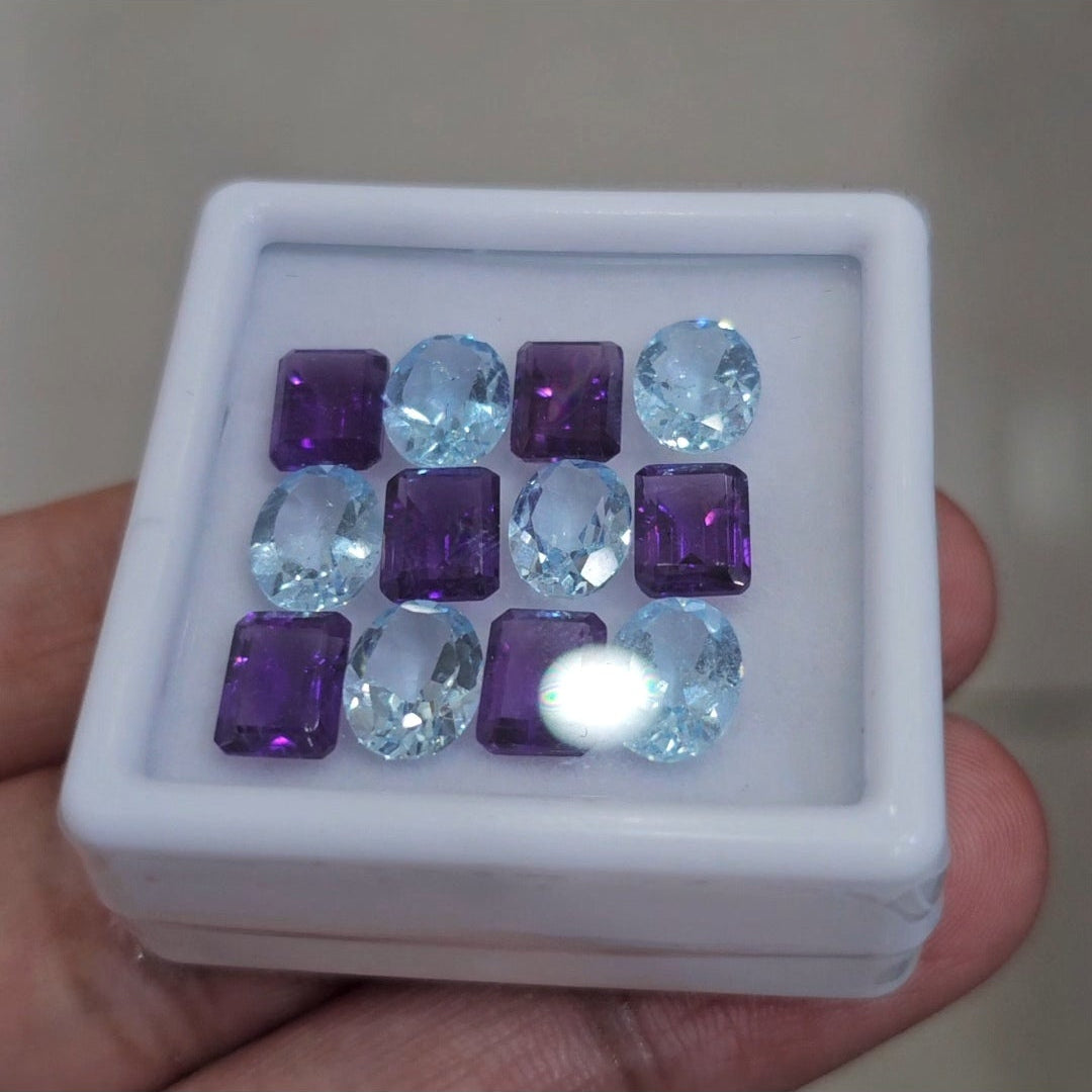 12 Pcs Of Natural Amethyst & Blue Topaz Faceted | Shape: Oval & Rectangle | Size: 8-9mm
