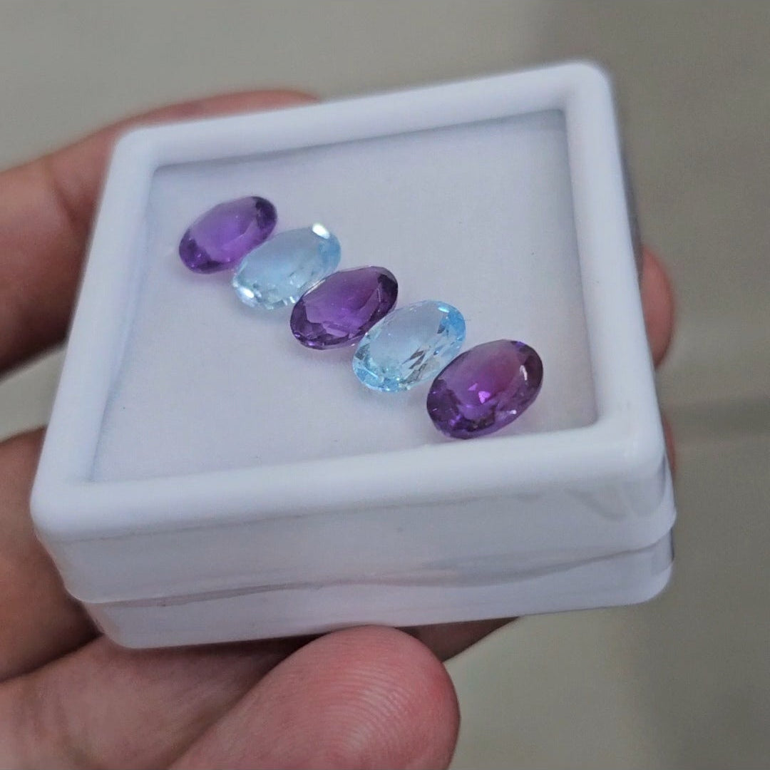 5Pcs Of Natural Amethyst & Blue Topaz Faceted | Shape: Oval | Size: 7-9mm