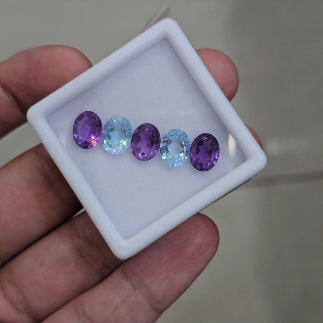 5Pcs Of Natural Amethyst & Blue Topaz Faceted | Shape: Oval | Size: 7-9mm
