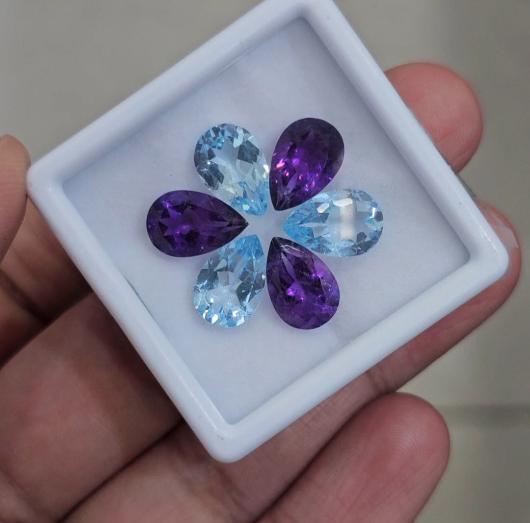 6Pcs Of Natural Amethyst & Blue Topaz Faceted | Shape: Pear | Size: 8-12mm