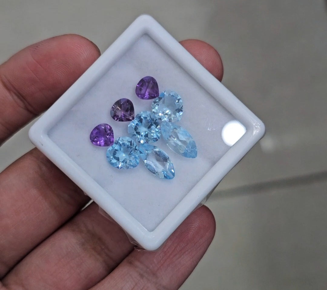 8Pcs Of Natural Amethyst & Blue Topaz Faceted | Shape: Mix | Size: 6-12mm
