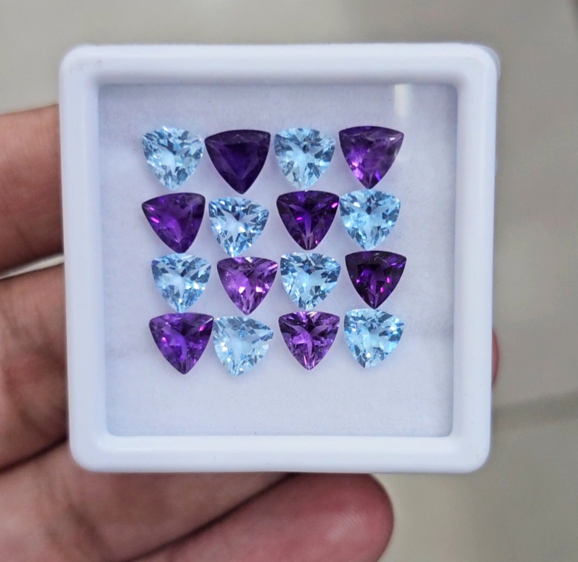 16Pcs Of Natural Amethyst & Blue Topaz Faceted | Shape: Trillion | Size: 6mm