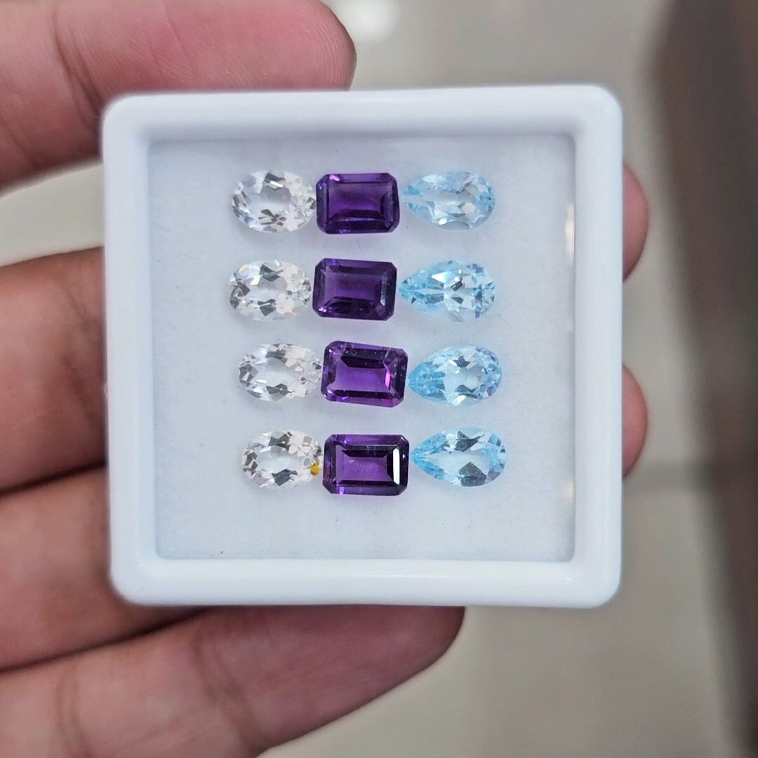 12pcs Natural Amethyst, Blue Topaz & White Topaz Faceted | Mix Shape | Size: 7-8mm