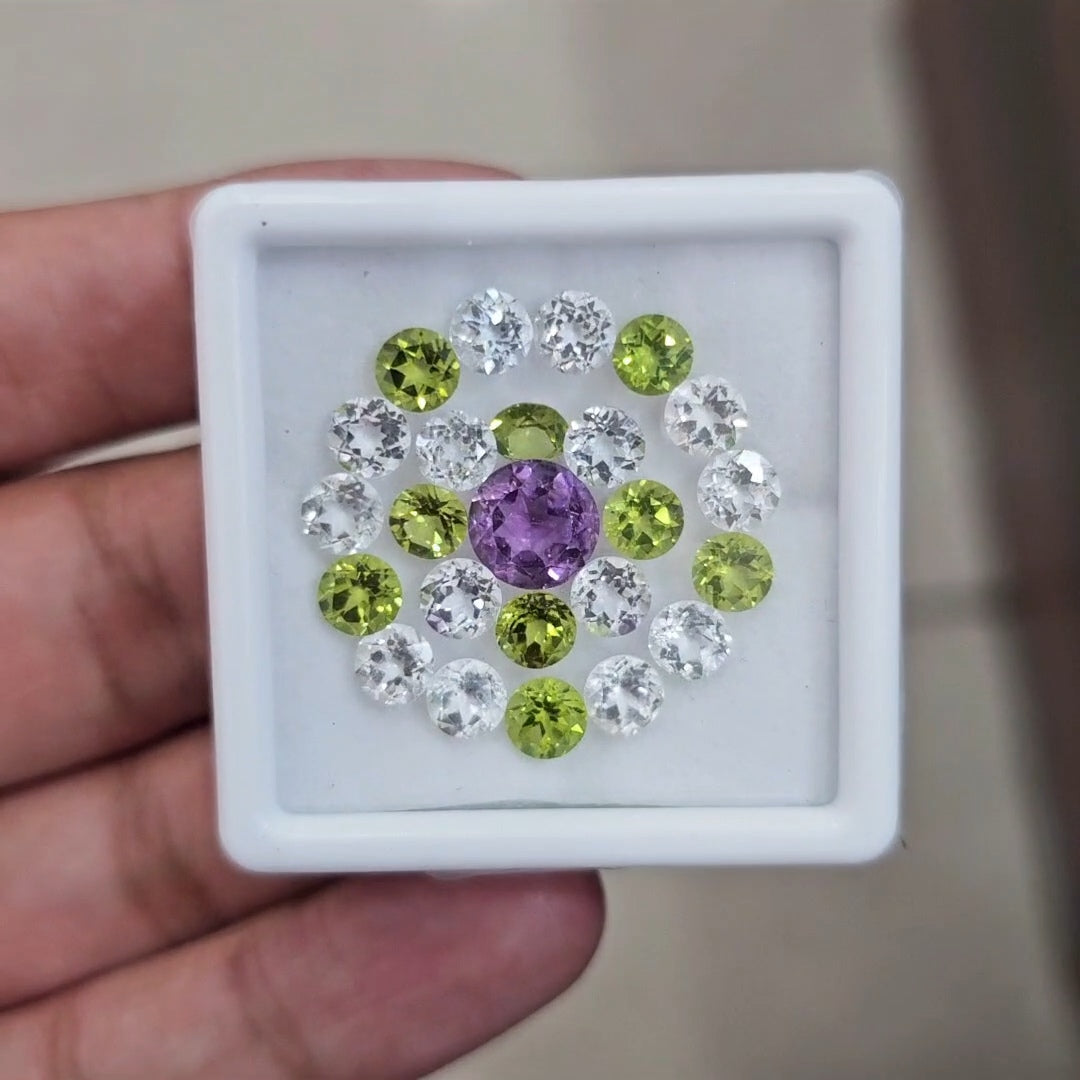 24pcs Natural Peridot, Amethyst  & White Topaz Faceted | Round | Size: 5-8mm