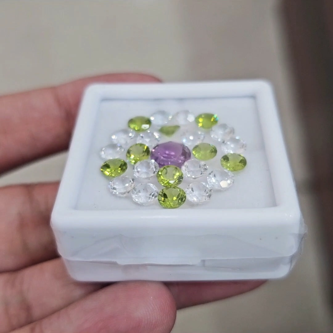 24pcs Natural Peridot, Amethyst  & White Topaz Faceted | Round | Size: 5-8mm