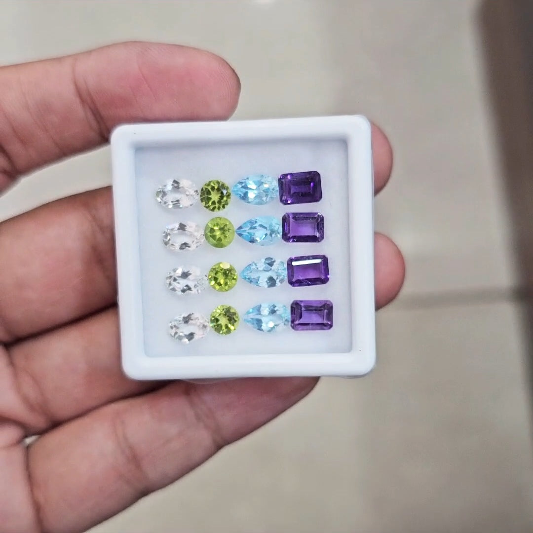 16pcs Natural Peridot, Amethyst, Blue Topaz & White Topaz Faceted | Mix Shape | Size: 5-7mm