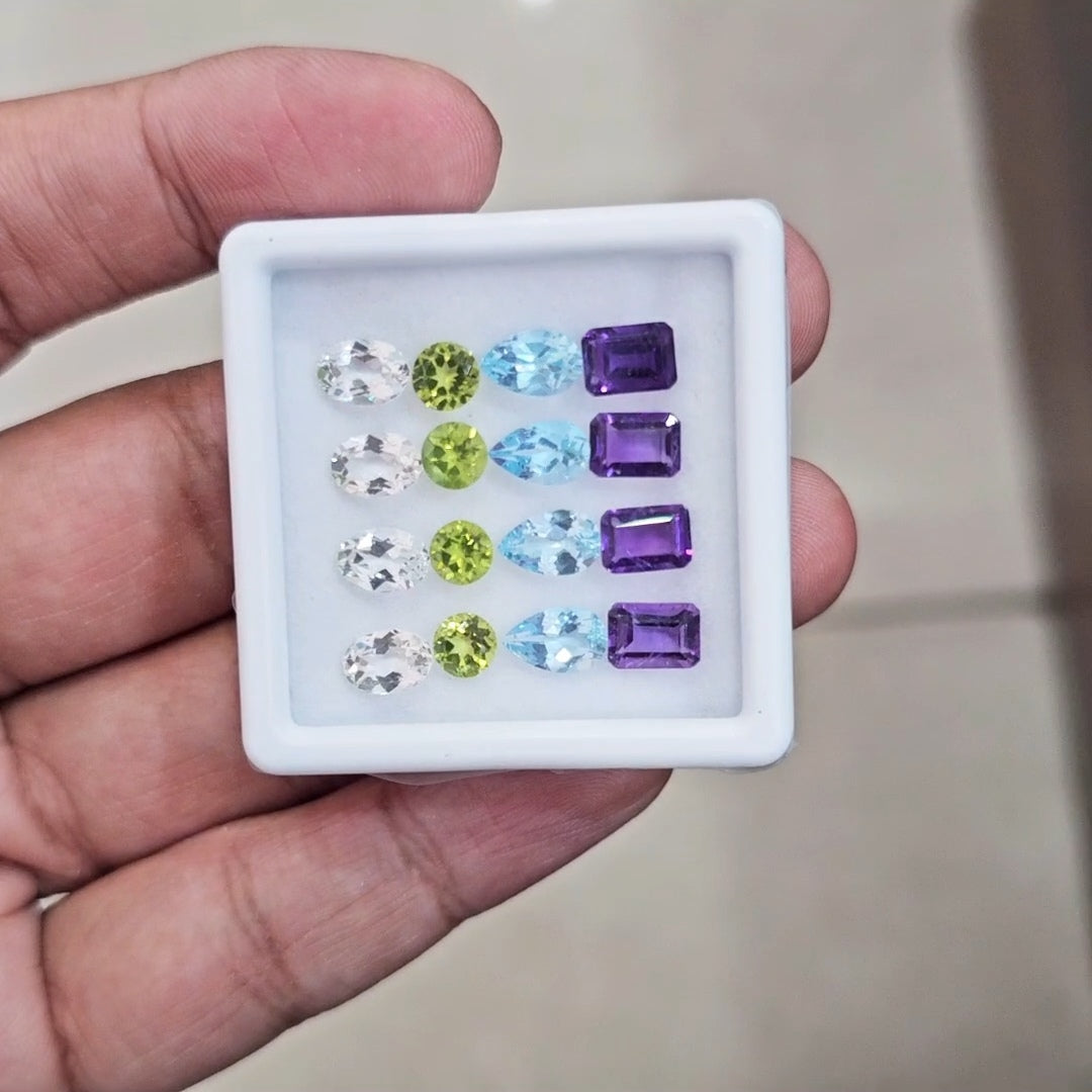 16pcs Natural Peridot, Amethyst, Blue Topaz & White Topaz Faceted | Mix Shape | Size: 5-7mm