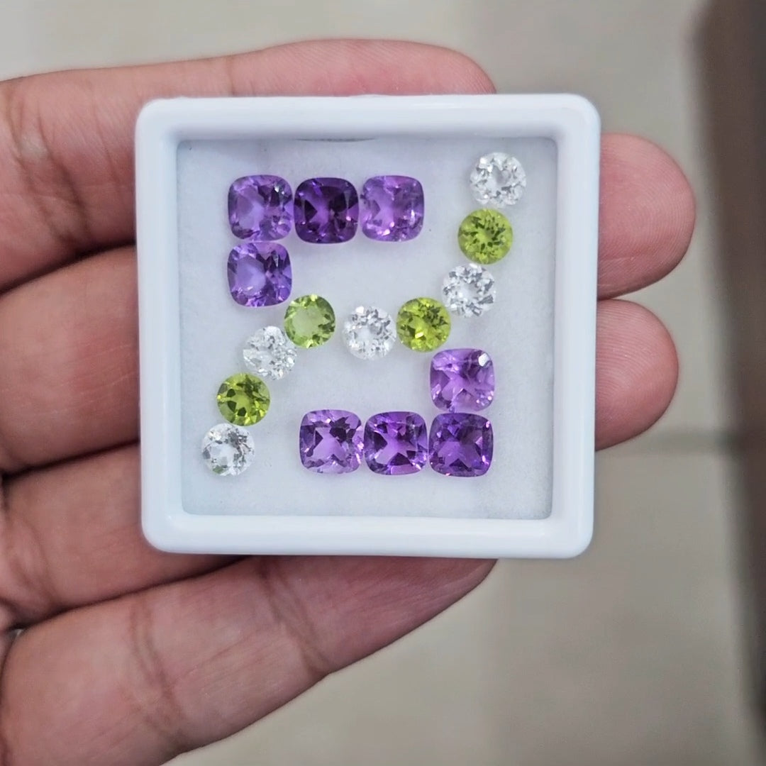 15pcs Natural Peridot, Amethyst & White Topaz Faceted | Mix Shape | Size: 5-6mm