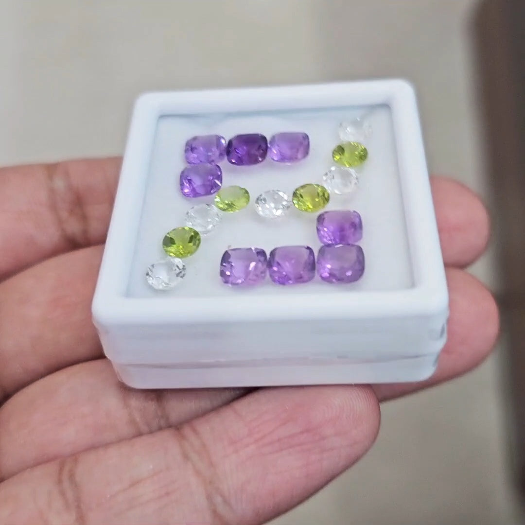 15pcs Natural Peridot, Amethyst & White Topaz Faceted | Mix Shape | Size: 5-6mm