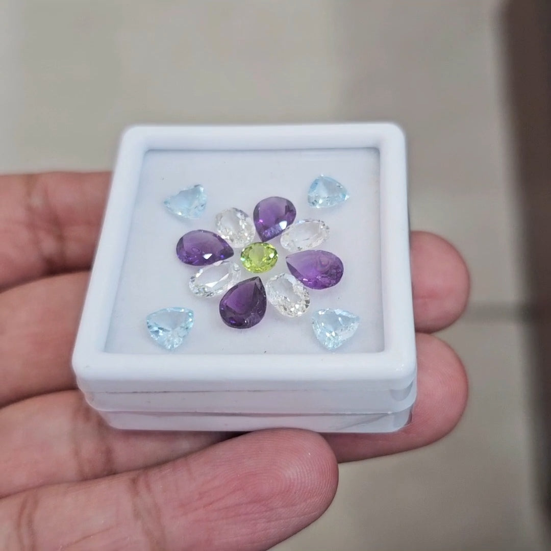 13pcs Natural Peridot, Amethyst, Blue Topaz & White Topaz Faceted | Mix Shape | Size: 5-8mm