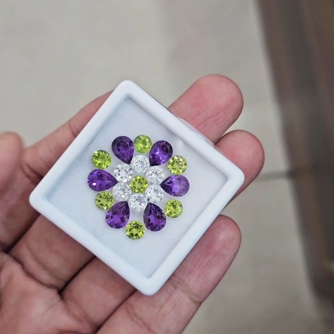 19pcs Natural Peridot, Amethyst & White Topaz Faceted | Mix Shape | Size: 5-8mm