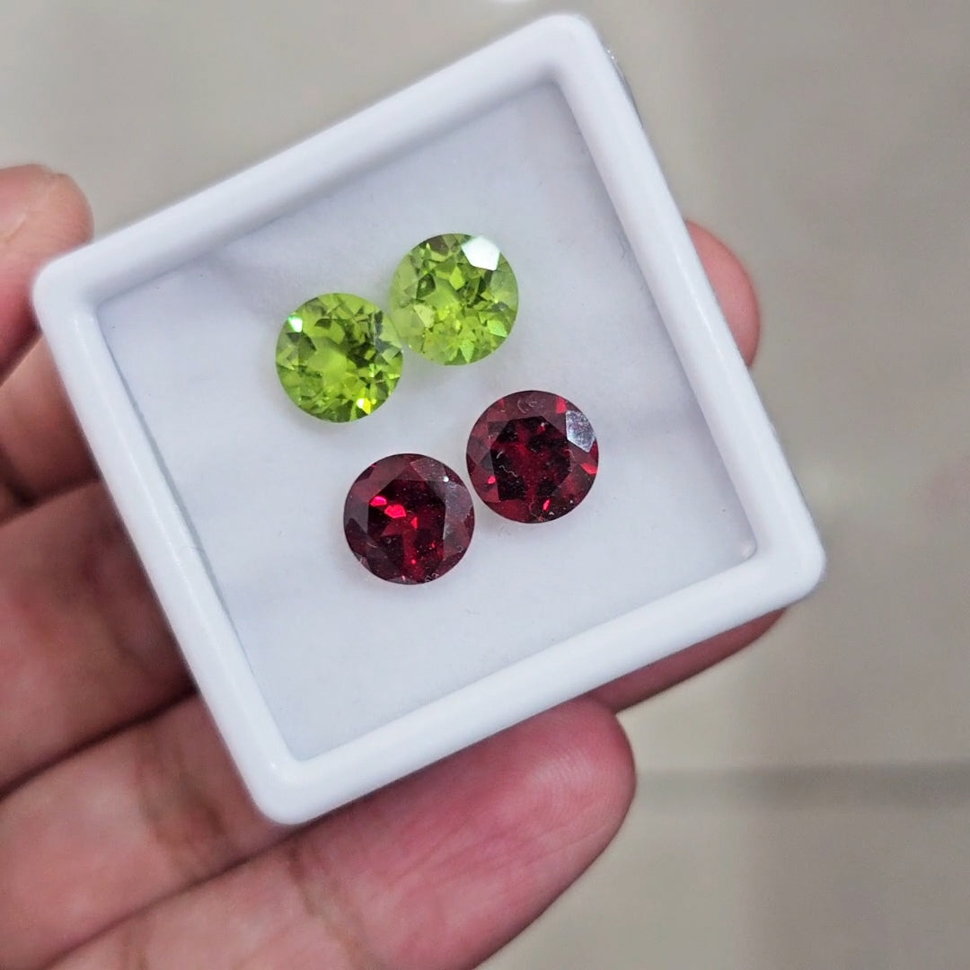 4 Pcs of Natural Peridot & Garnet Faceted | Round | Size:9mm
