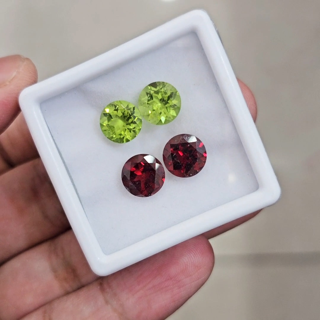 4 Pcs of Natural Peridot & Garnet Faceted | Round | Size:9mm