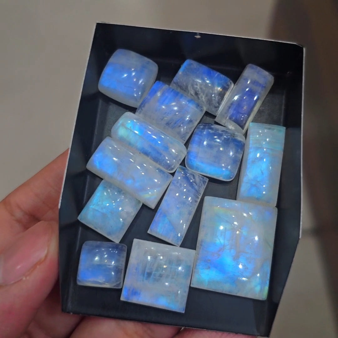 13 Pcs Natural Rainbow Moonstone Cabochons |11-23mm | Shape: Square&Rectangle