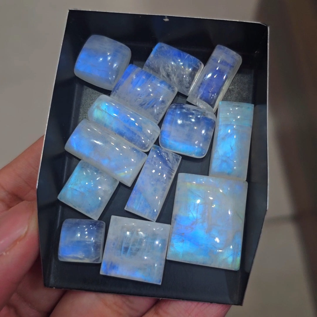 13 Pcs Natural Rainbow Moonstone Cabochons |11-23mm | Shape: Square&Rectangle
