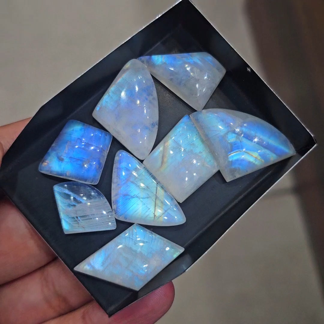 8 Pcs Natural Rainbow Moonstone Cabochons |14-27mm | Shape: Fancy