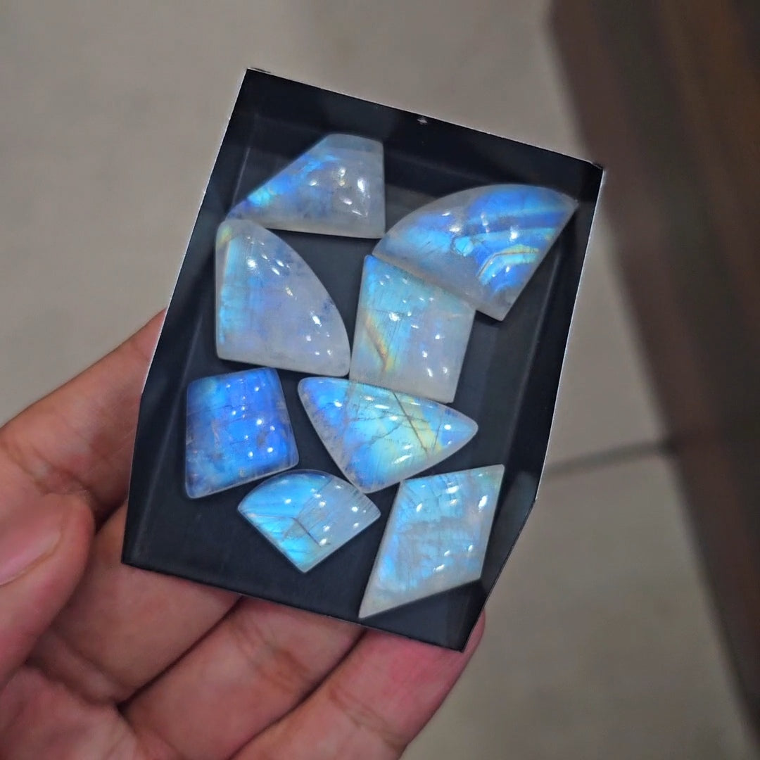 8 Pcs Natural Rainbow Moonstone Cabochons |14-27mm | Shape: Fancy
