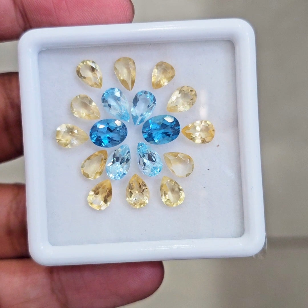18 Pcs Of Natural Blue Topaz & Citrine Faceted |Mix | Size:7-8mm