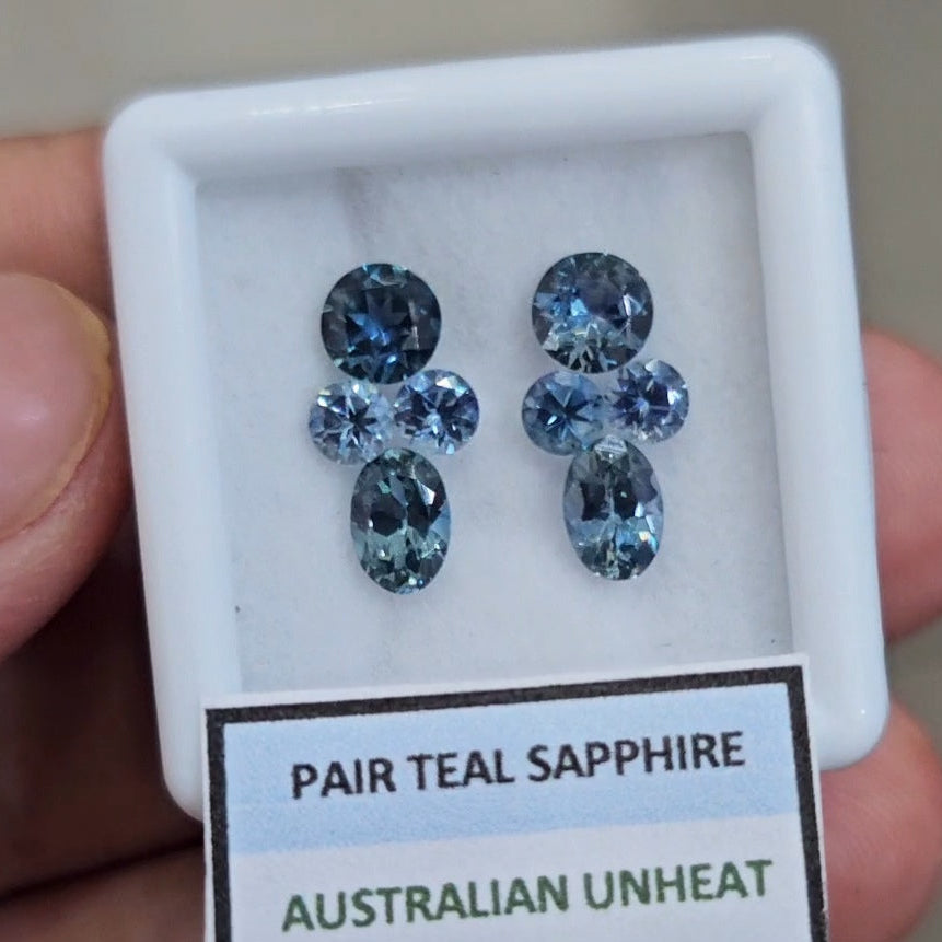 2.69cts Pair Natural Australian Teal Sapphire | 3-6mm| Oval & Round |Unheated