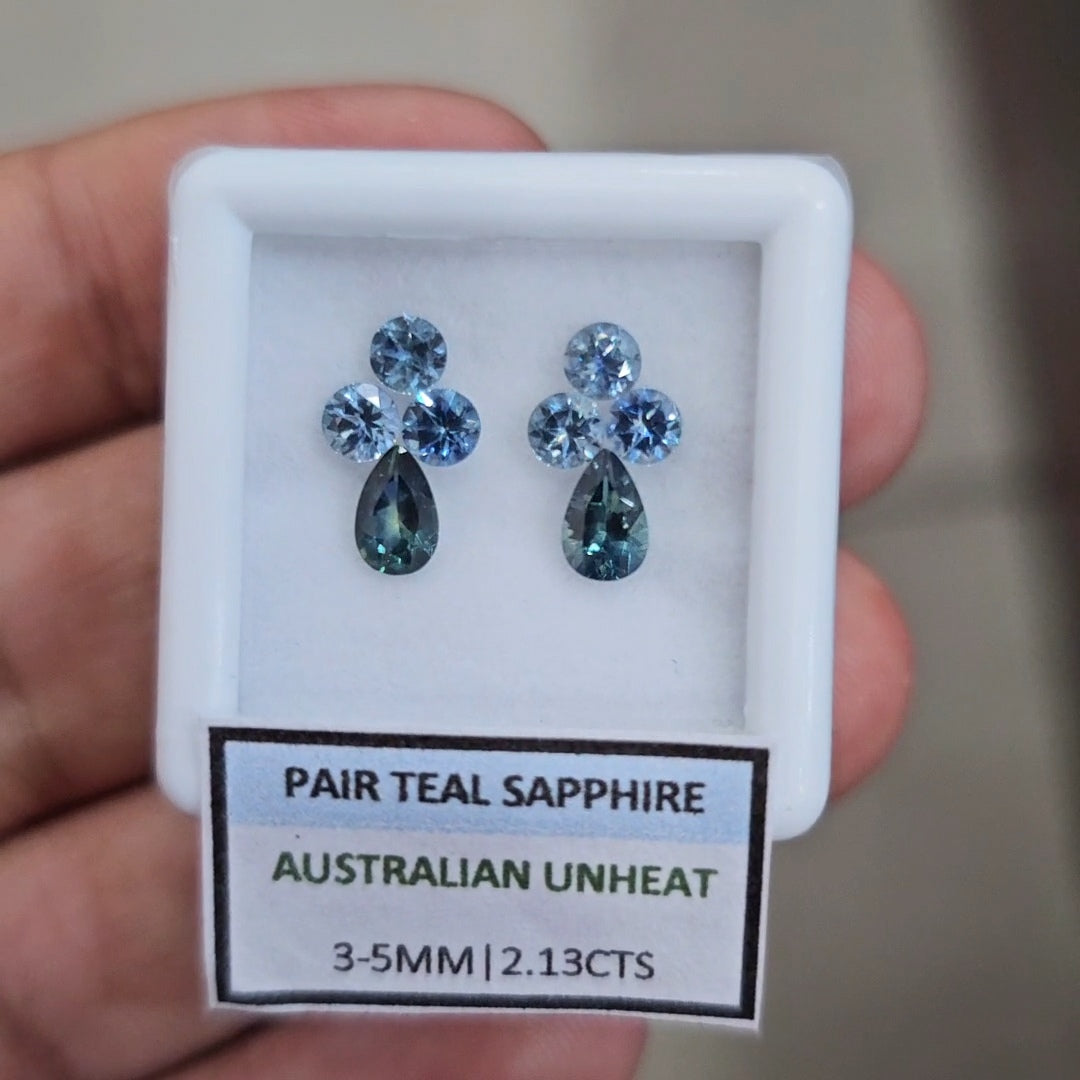2.13cts Pair Natural Australian Teal Sapphire | 3-5mm| Pear & Round |Unheated