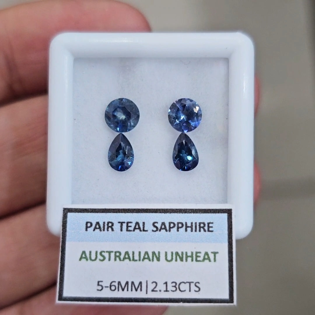 2.13cts Pair Natural Australian Teal Sapphire | 5-6mm| Round & Pear |Unheated