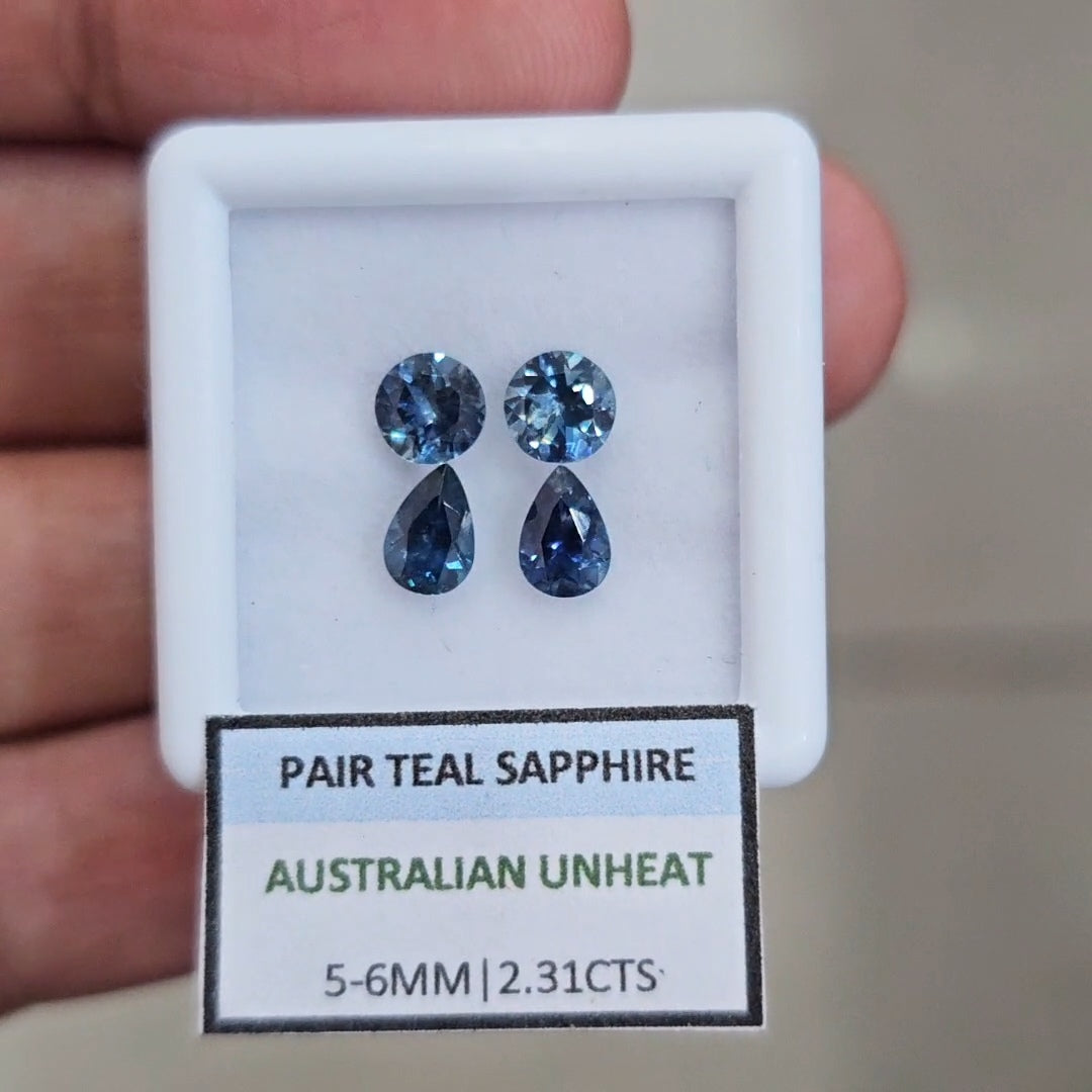 2.31cts Pair Natural Australian Teal Sapphire | 5-6mm| Round & Pear |Unheated