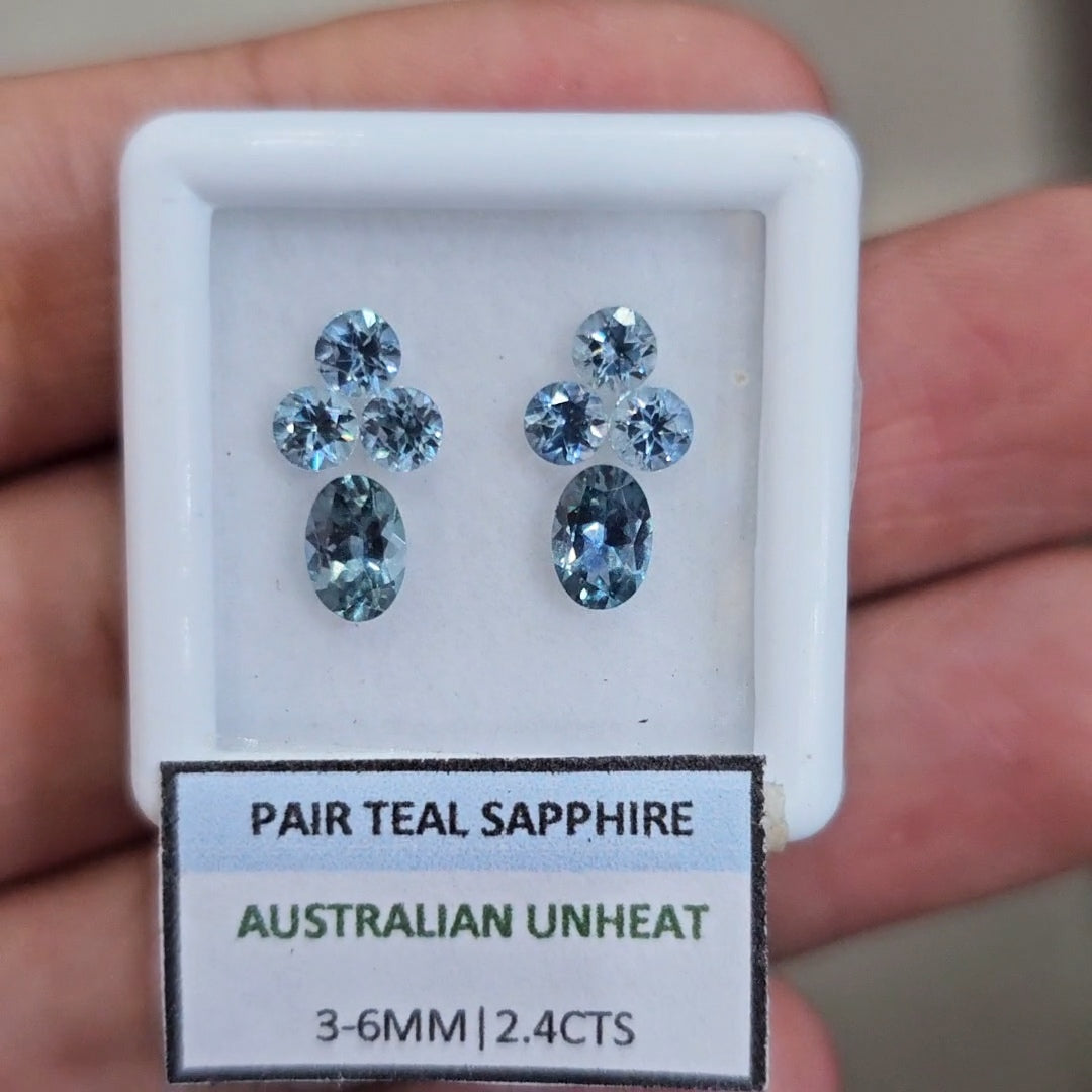 2.4cts Pair Natural Australian Teal Sapphire | 3-6mm| Oval & Round |Unheated