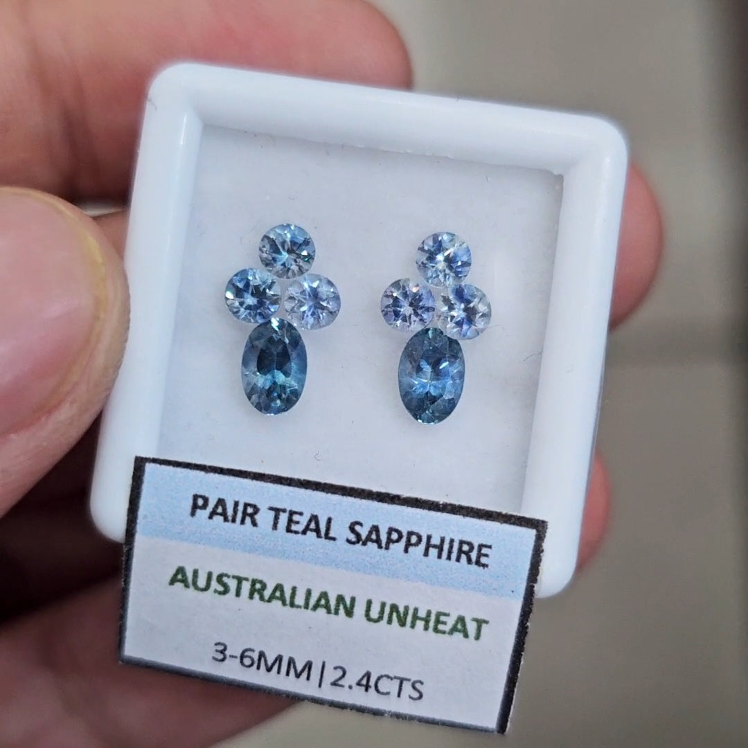 2.4cts Pair Natural Australian Teal Sapphire | 3-6mm| Oval & Round |Unheated