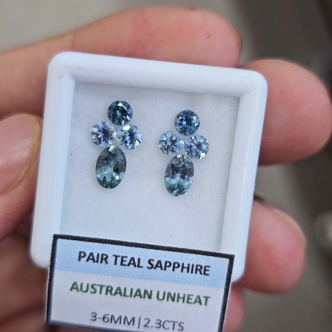 2.3cts Pair Natural Australian Teal Sapphire | 3-6mm| Oval & Round |Unheated