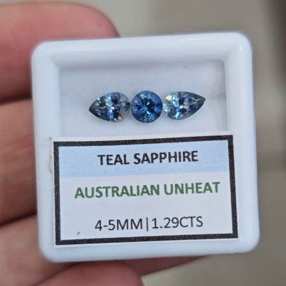 1.29cts  Natural Australian Teal Sapphire | 4-5mm| Round & Pear |Unheated