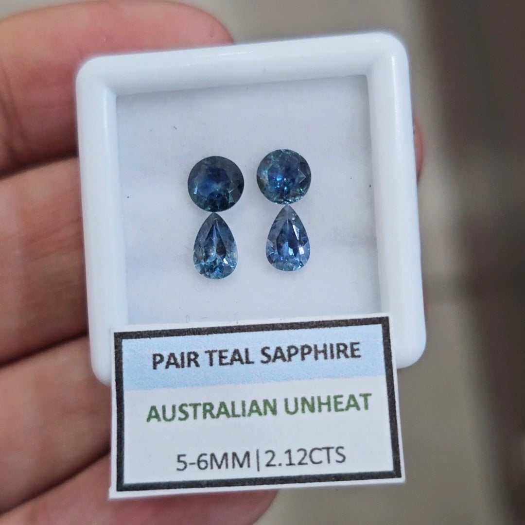 2.12cts Pair Natural Australian Teal Sapphire | 5-6mm| Round & Pear |Unheated