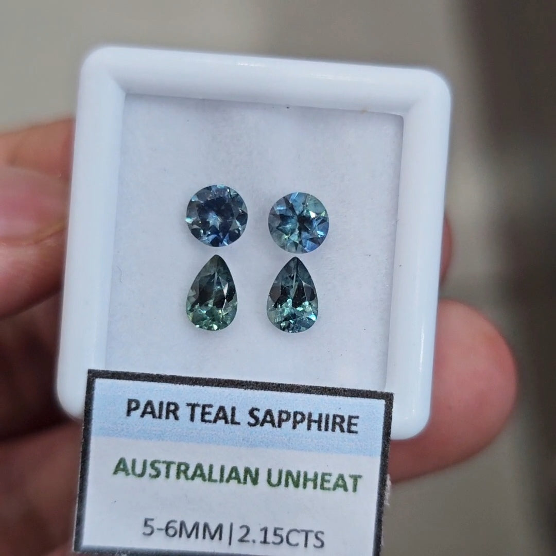 2.15cts Pair Natural Australian Teal Sapphire | 5-6mm| Round & Pear |Unheated