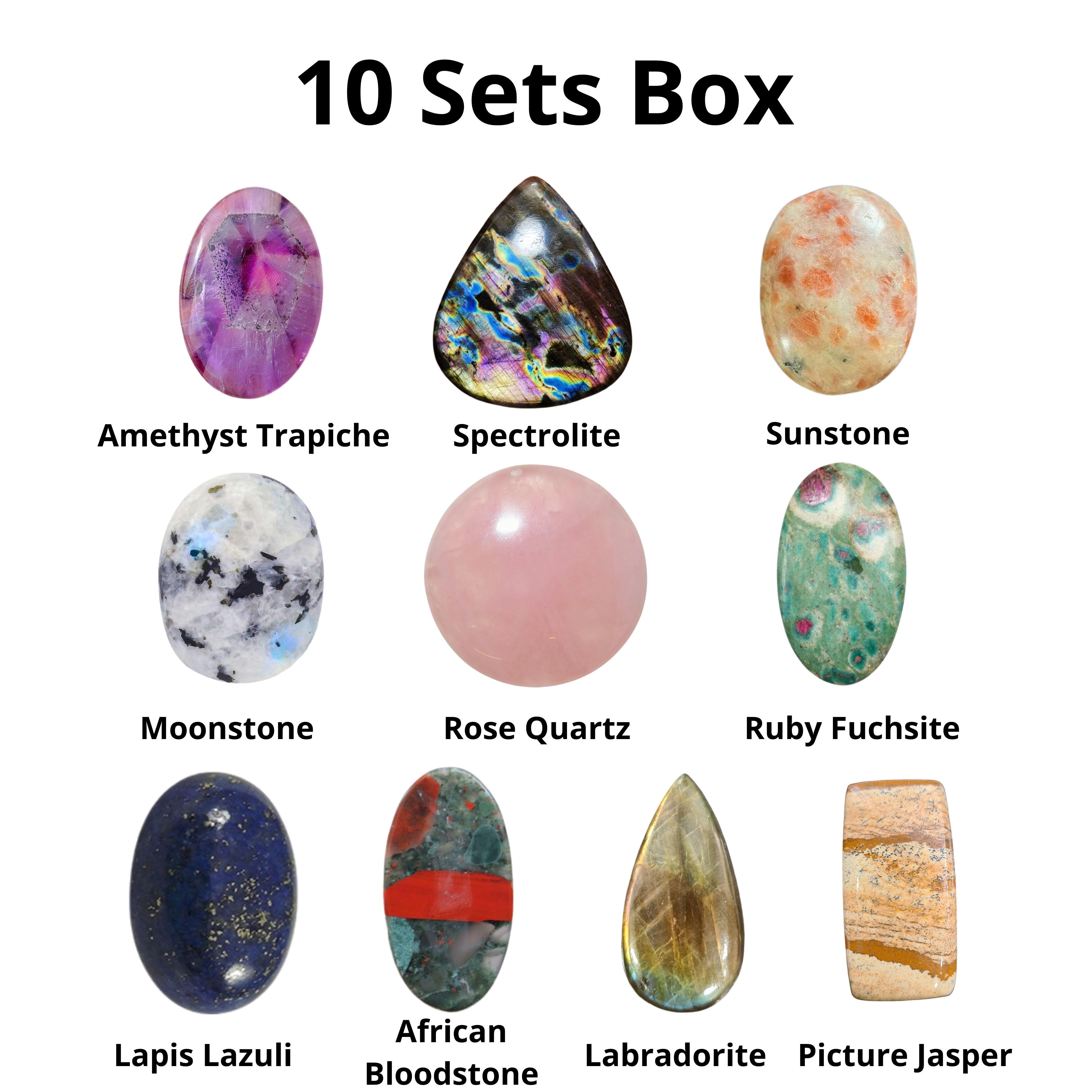 August edition Box | 10 Sets of Cabochons | Labeled | Sunstone, Trapiche Amethyst and More - The LabradoriteKing