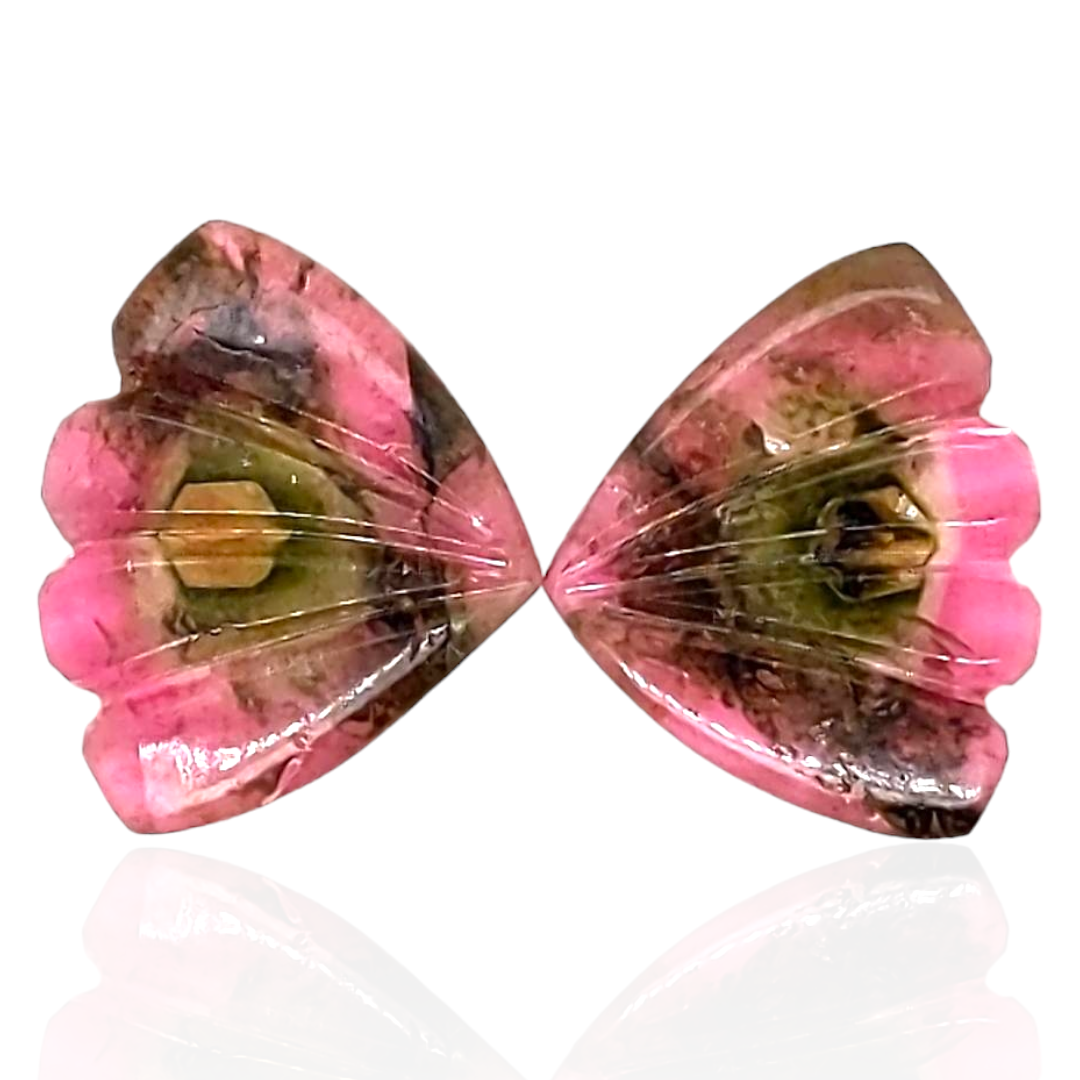 Natural Watermelon Tourmaline Butterfly Carved Pair | Size:16x13mm - The LabradoriteKing