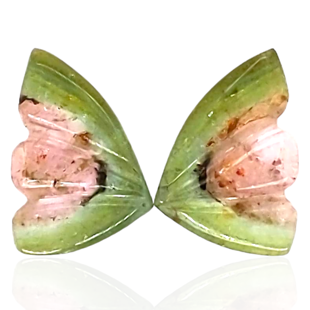 Natural Watermelon Tourmaline Butterfly Carved Pair | Size:13x9mm - The LabradoriteKing