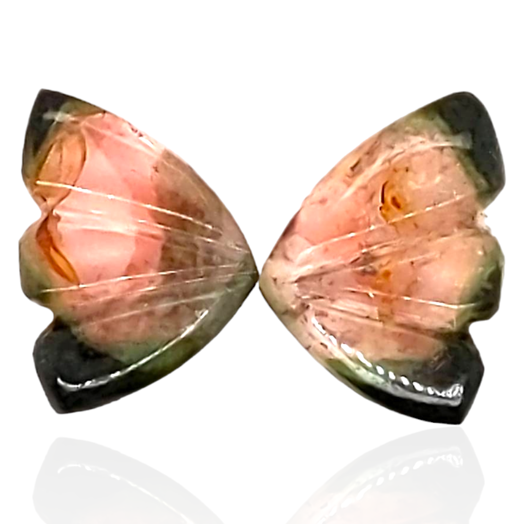 Natural Watermelon Tourmaline Butterfly Carved Pair | Size:11x8mm - The LabradoriteKing