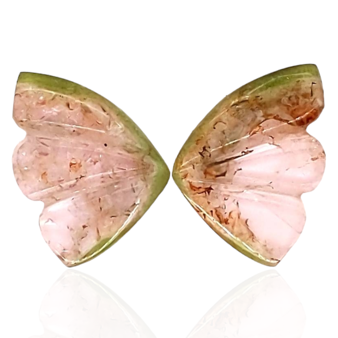 Natural Watermelon Tourmaline Butterfly Carved Pair | Size:14x11mm - The LabradoriteKing