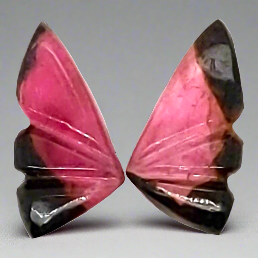 Natural Watermelon Tourmaline Butterfly Carved Pair | Size:11x6mm - The LabradoriteKing