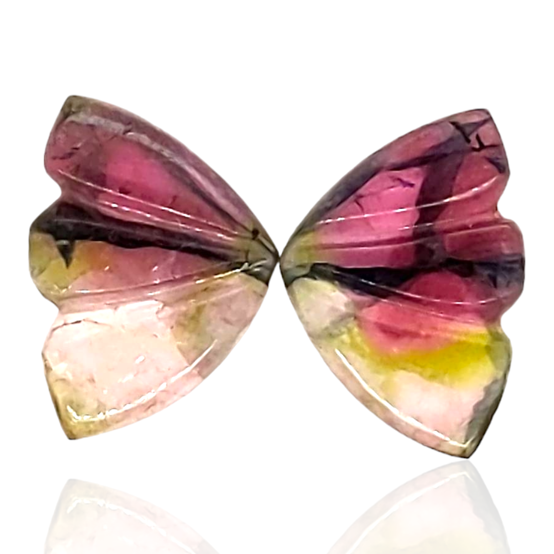 Natural Watermelon Tourmaline Butterfly Carved Pair | Size:13x9mm - The LabradoriteKing