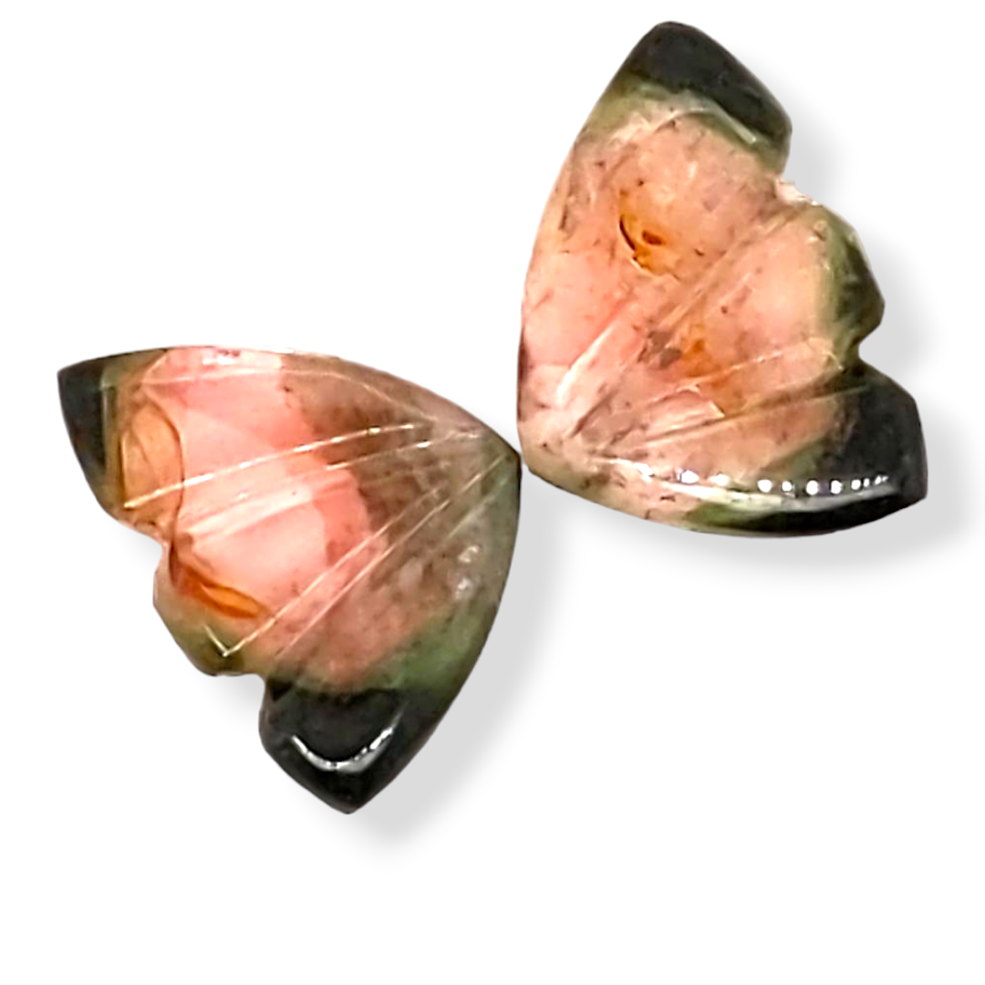 Natural Watermelon Tourmaline Butterfly Carved Pair | Size:11x8mm - The LabradoriteKing