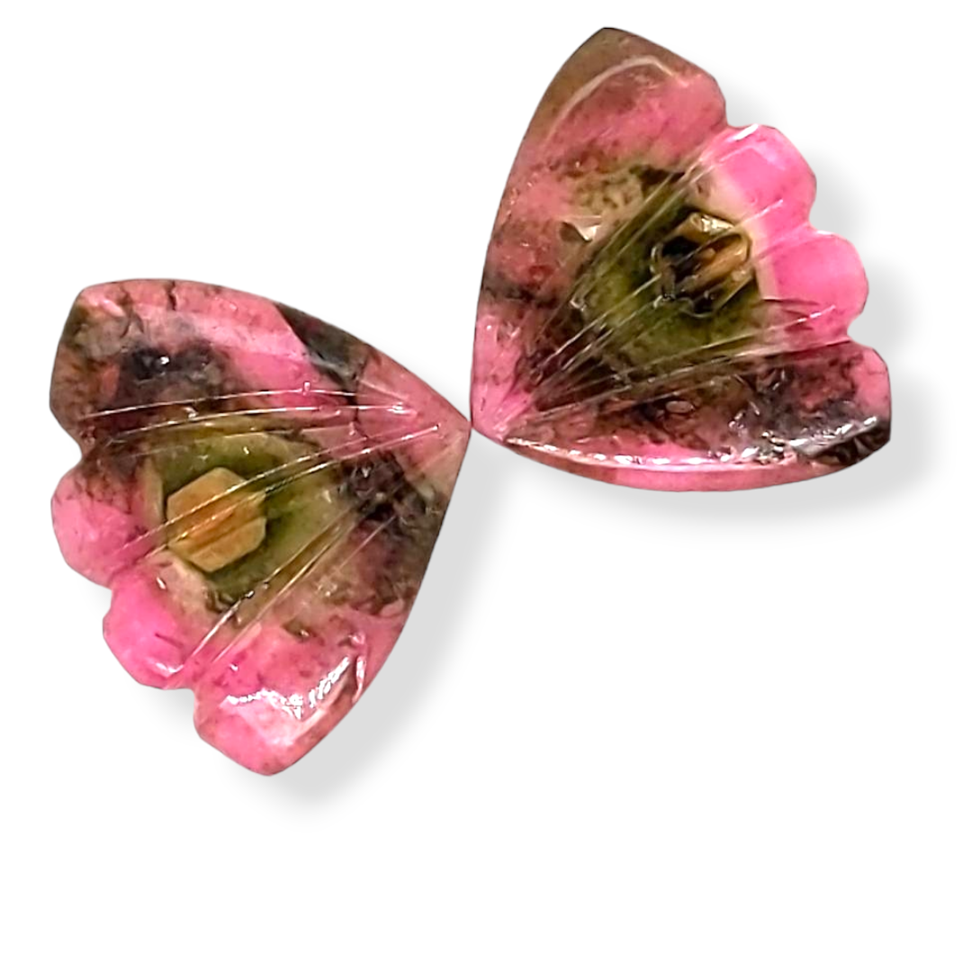 Natural Watermelon Tourmaline Butterfly Carved Pair | Size:16x13mm - The LabradoriteKing