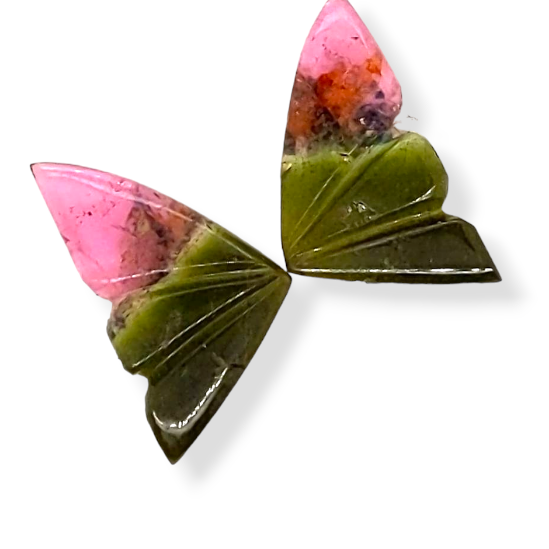 Natural Watermelon Tourmaline Butterfly Carved Pair | Size:17x10mm - The LabradoriteKing