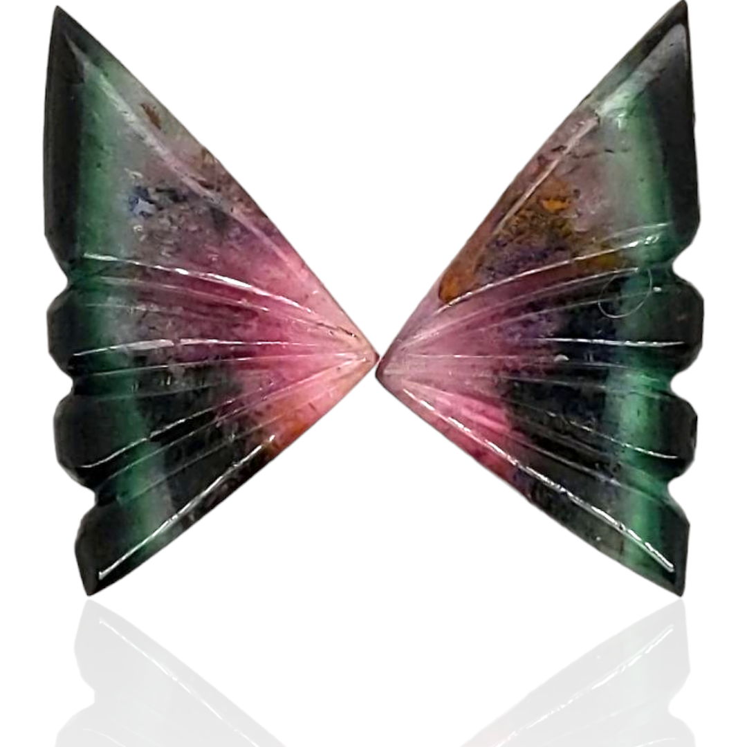 Natural Watermelon Tourmaline Butterfly Carved Pair | Size:24x13mm - The LabradoriteKing