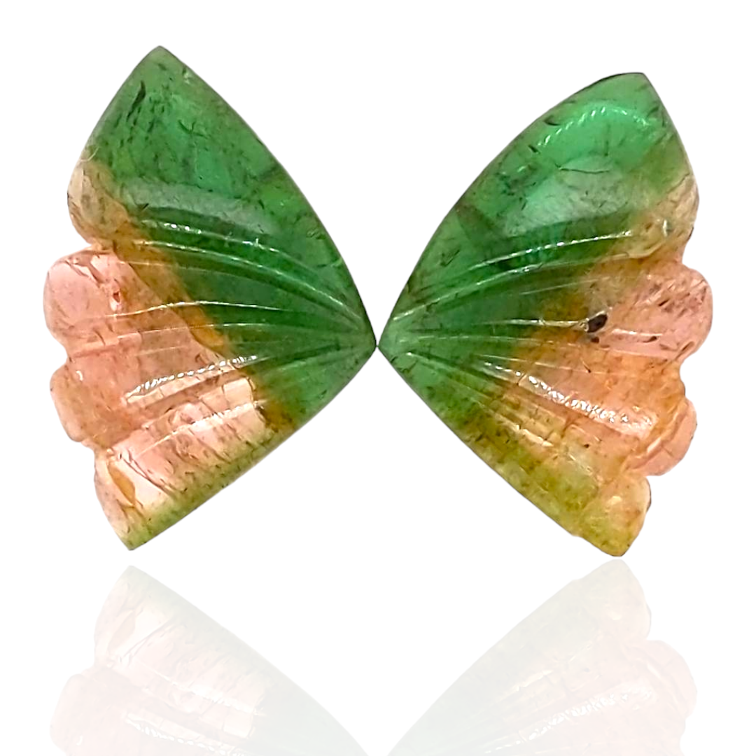 Natural Watermelon Tourmaline Butterfly Carved Pair | Size:22x15mm - The LabradoriteKing