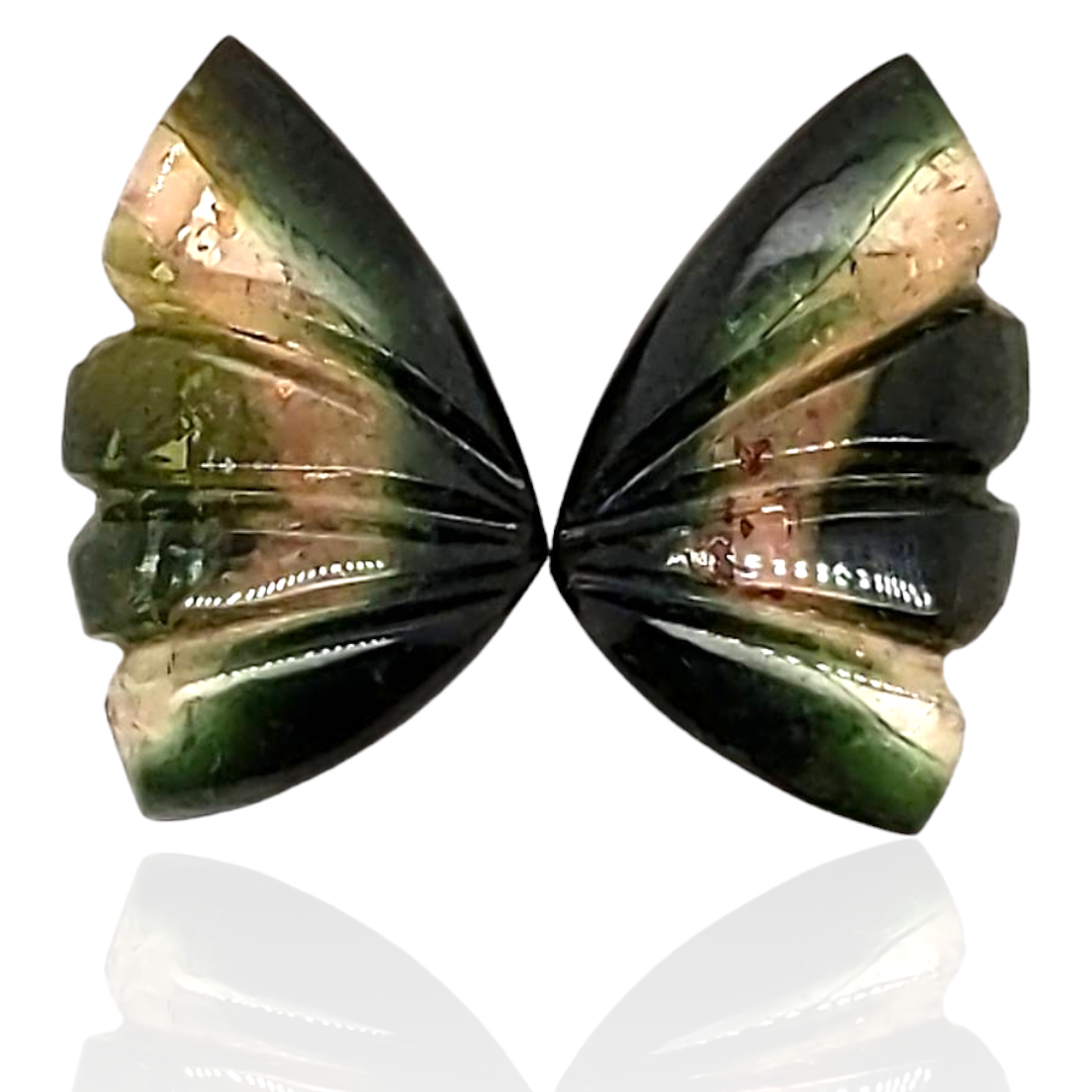 Natural Watermelon Tourmaline Butterfly Carved Pair | Size:16x10mm - The LabradoriteKing