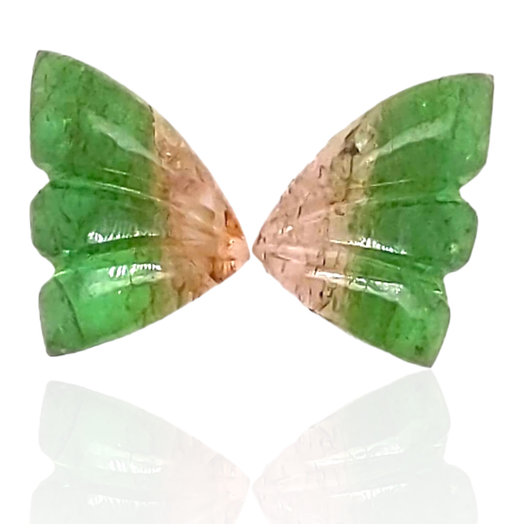 Natural Watermelon Tourmaline Butterfly Carved Pair | Size:13x8mm - The LabradoriteKing