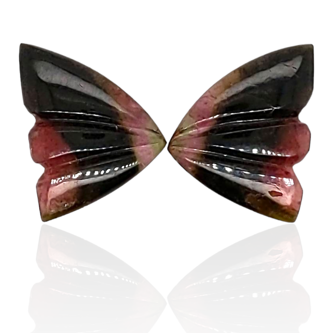 Natural Watermelon Tourmaline Butterfly Carved Pair | Size:13x10mm - The LabradoriteKing