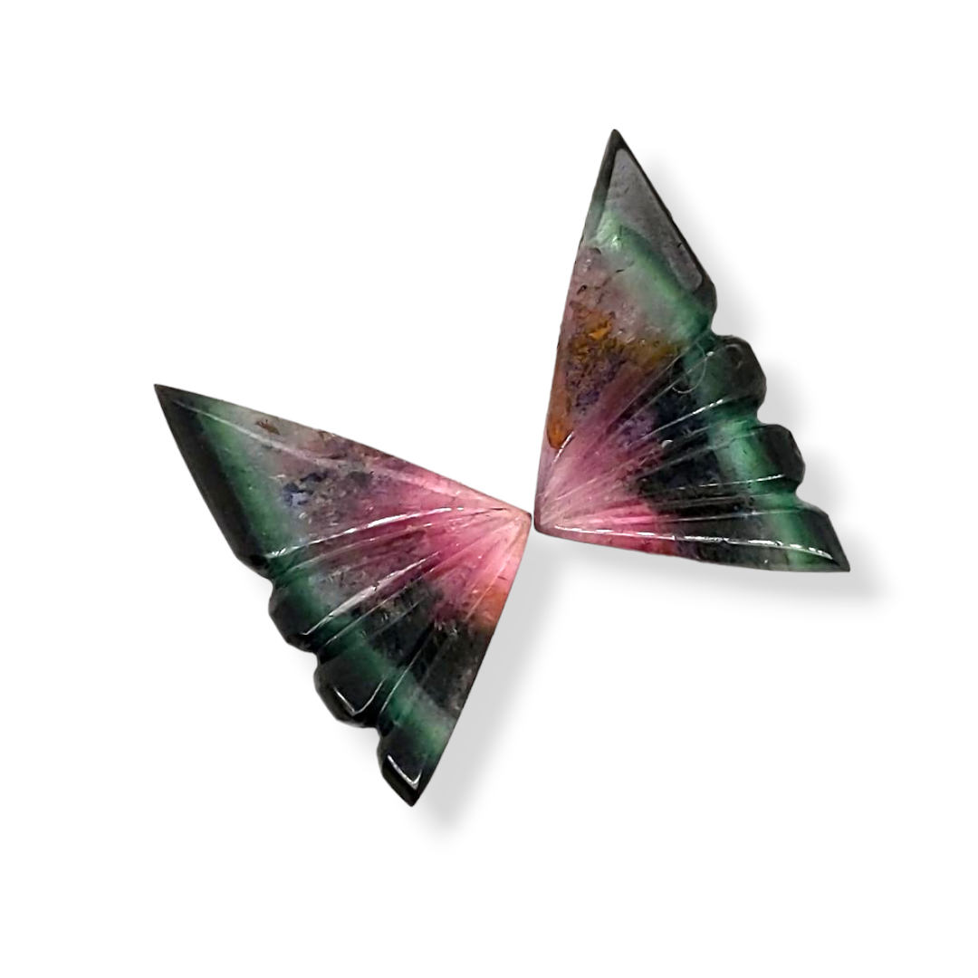 Natural Watermelon Tourmaline Butterfly Carved Pair | Size:24x13mm - The LabradoriteKing